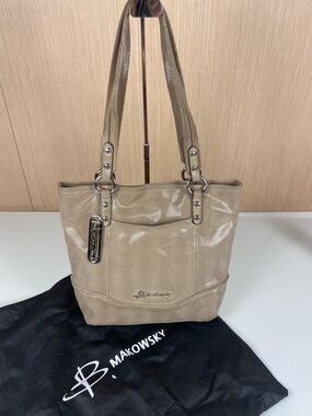 B. Makowsky Taupe Reptile Embossed Leather Tote Leopard Lining Shoulder Bag